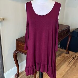 Red Wine Knit Open Shoulder Shift Dress Ruffle Hem